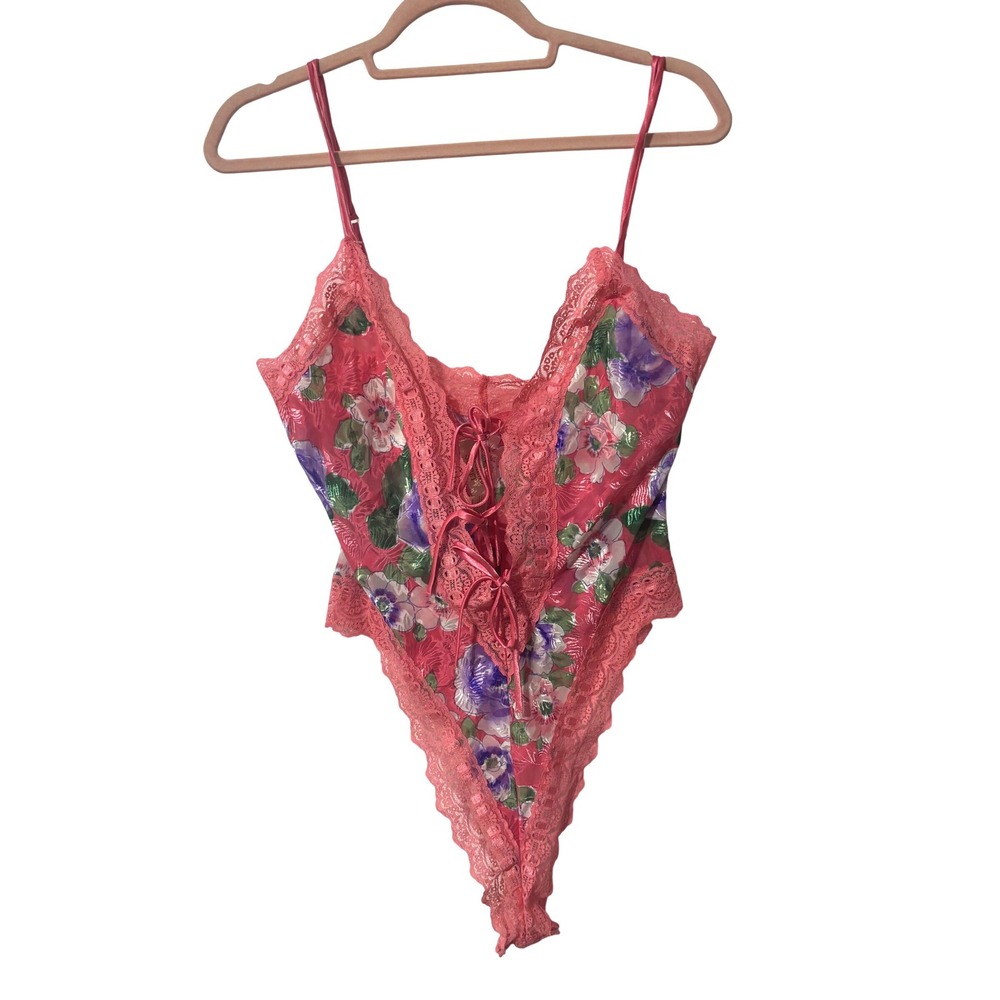 Vintage Victorias Secret Gold Label Pink Floral Lace Up Bodysuit Small 90s Teddy